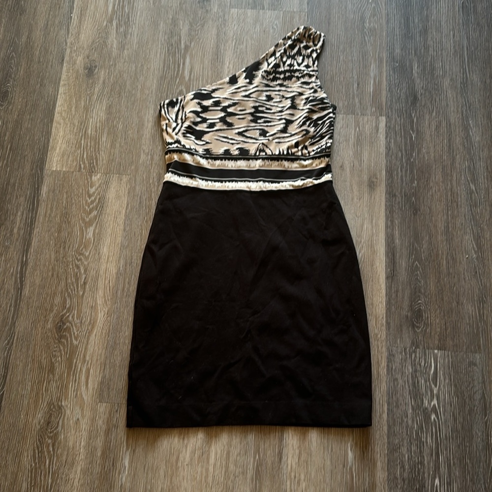 BCBGMaxazaria one shoulder black tan a bodycon mini cocktail stretch dress S - Picture 2 of 7